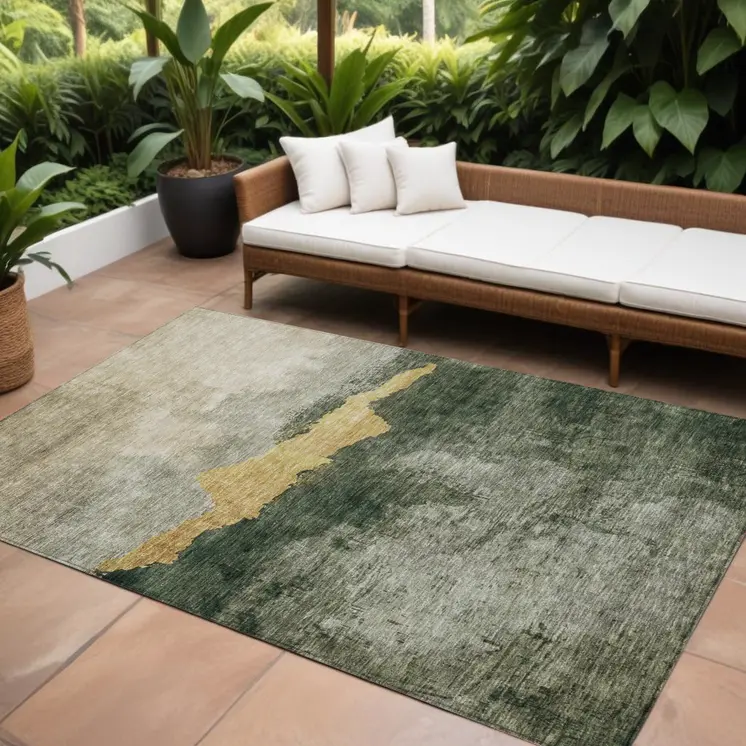 9' X 12' Fern Green Gold And Gray Abstract Washable Indoor Outdoor Area Rug