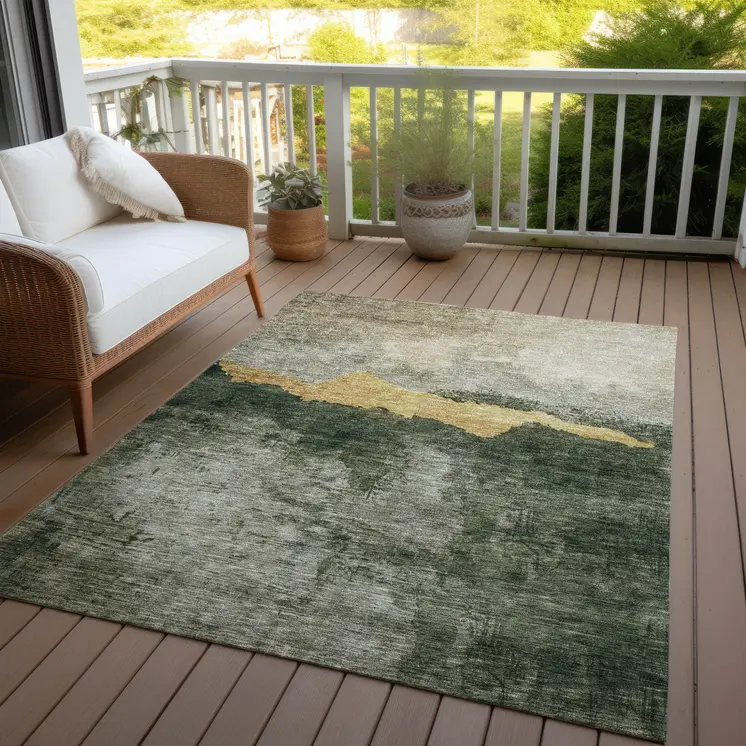 9' X 12' Fern Green Gold And Gray Abstract Washable Indoor Outdoor Area Rug