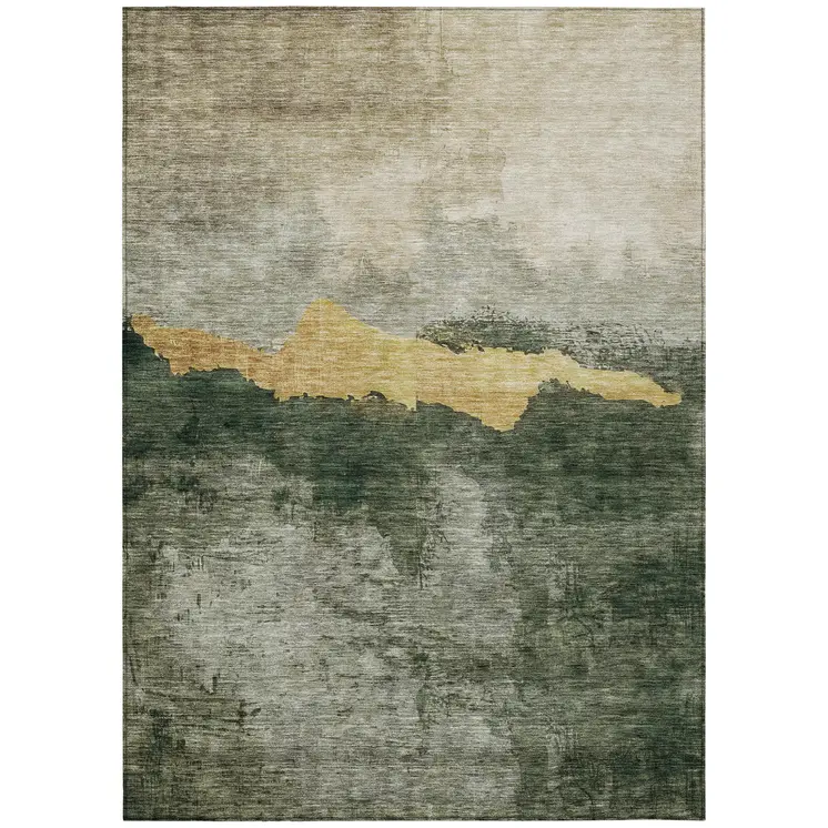 9' X 12' Fern Green Gold And Gray Abstract Washable Indoor Outdoor Area Rug