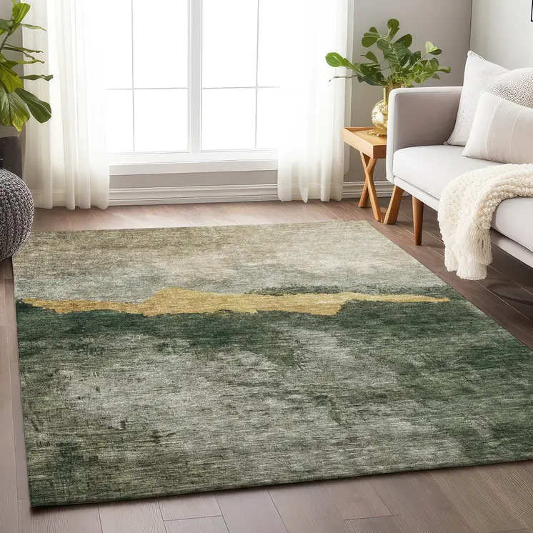 9' X 12' Fern Green Gold And Gray Abstract Washable Indoor Outdoor Area Rug