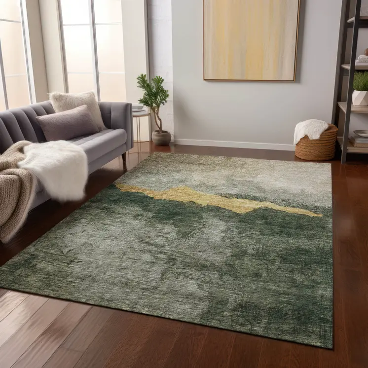 9' X 12' Fern Green Gold And Gray Abstract Washable Indoor Outdoor Area Rug