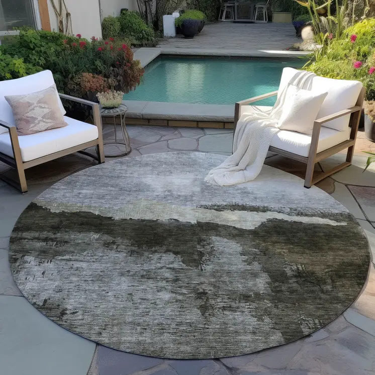 8' Taupe Gray And Black Round Abstract Washable Indoor Outdoor Area Rug