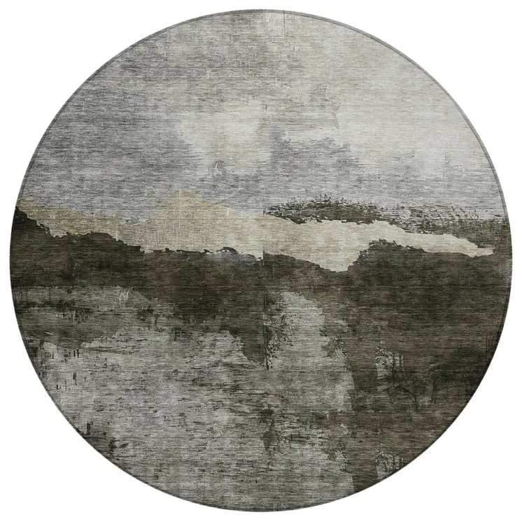 8' Taupe Gray And Black Round Abstract Washable Indoor Outdoor Area Rug
