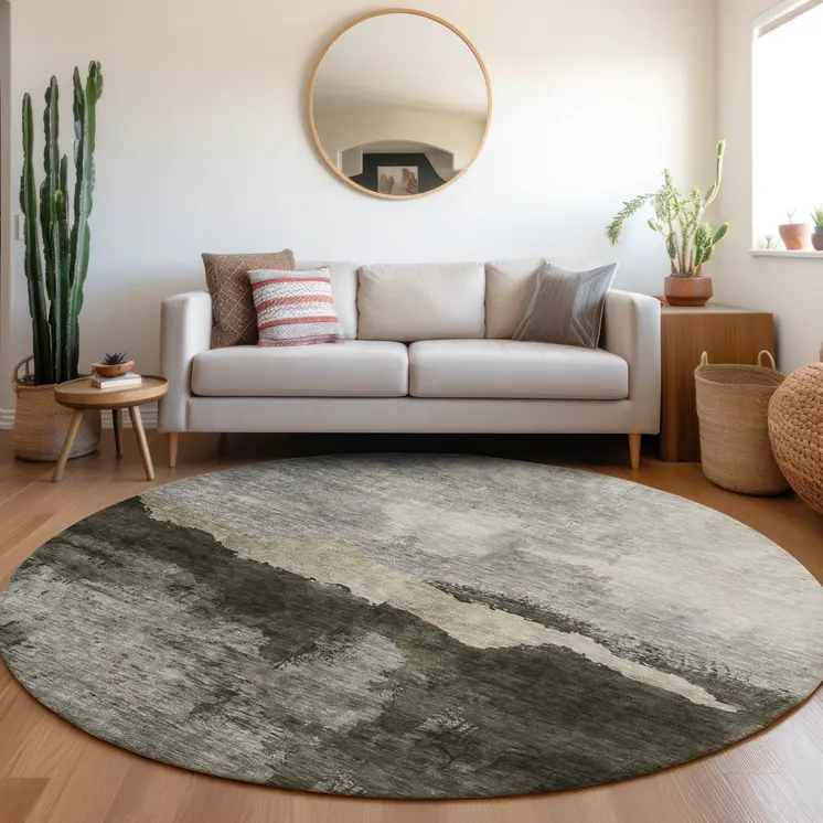 8' Taupe Gray And Black Round Abstract Washable Indoor Outdoor Area Rug