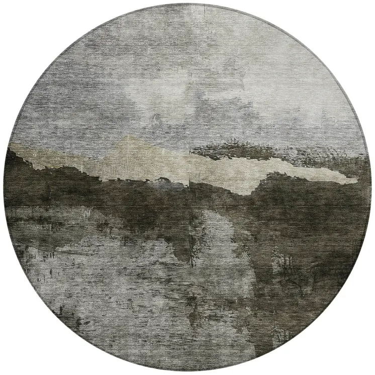 8' Taupe Gray And Black Round Abstract Washable Indoor Outdoor Area Rug