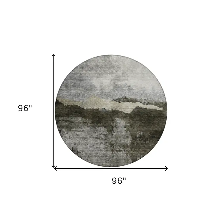 8' Taupe Gray And Black Round Abstract Washable Indoor Outdoor Area Rug