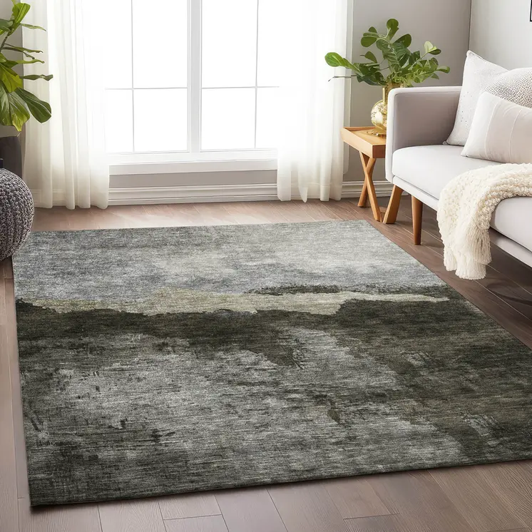10' X 14' Taupe Gray And Black Abstract Washable Indoor Outdoor Area Rug