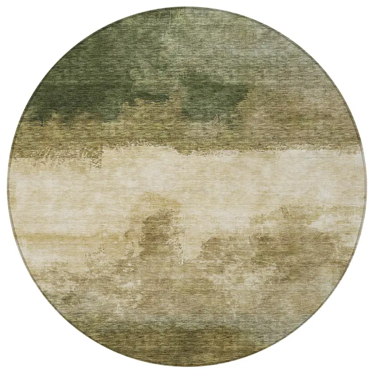 8' Fern Green And Beige Round Abstract Washable Indoor Outdoor Area Rug
