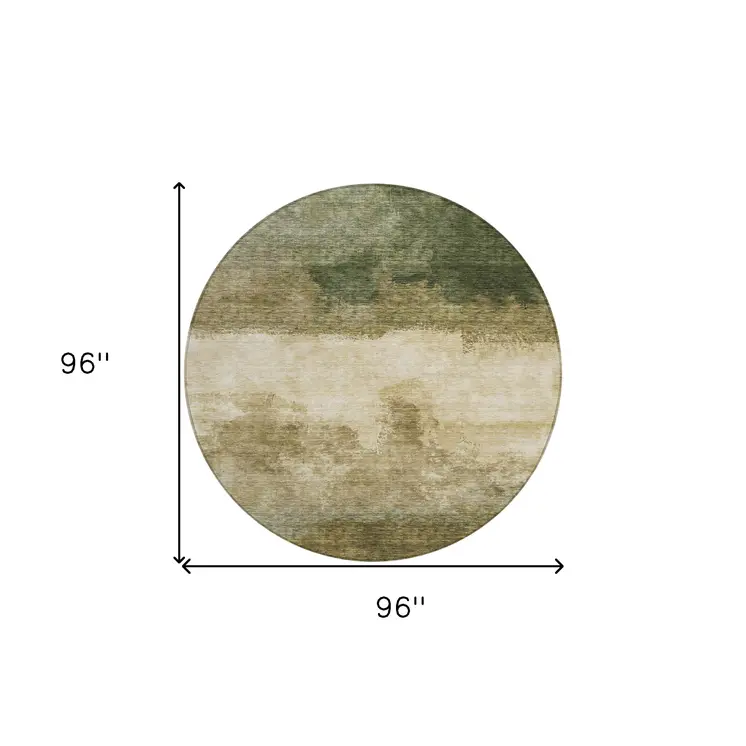 8' Fern Green And Beige Round Abstract Washable Indoor Outdoor Area Rug
