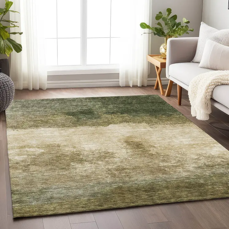 8' X 10' Fern Green And Beige Abstract Washable Indoor Outdoor Area Rug