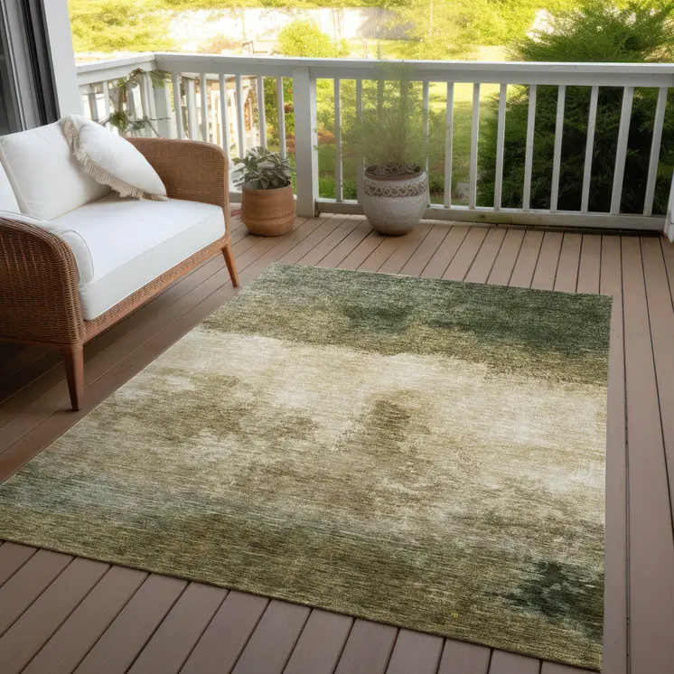 9' X 12' Fern Green And Beige Abstract Washable Indoor Outdoor Area Rug
