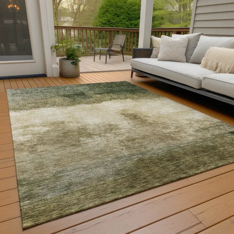 9' X 12' Fern Green And Beige Abstract Washable Indoor Outdoor Area Rug