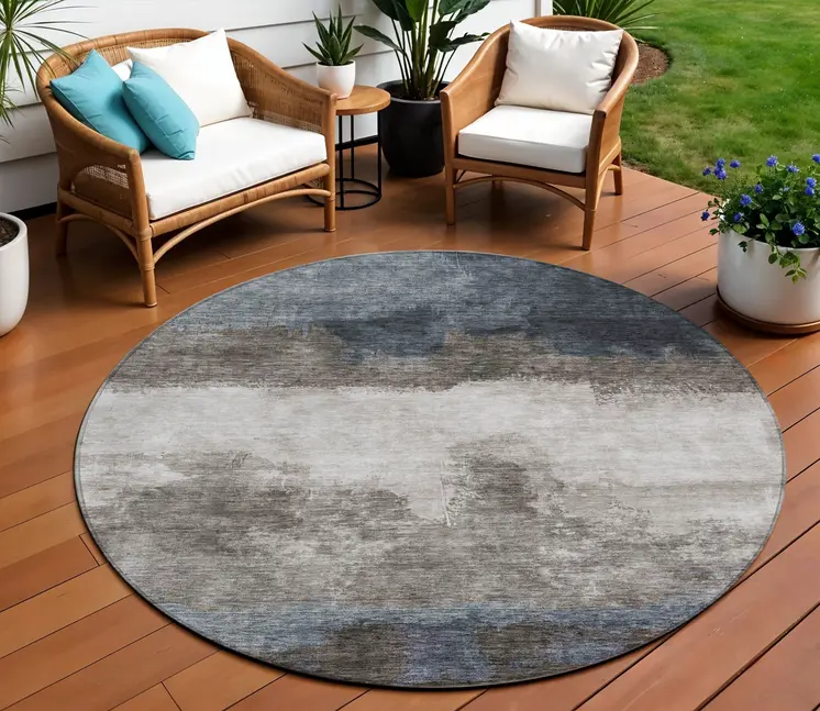 8' Gray Black And Brown Round Abstract Washable Indoor Outdoor Area Rug