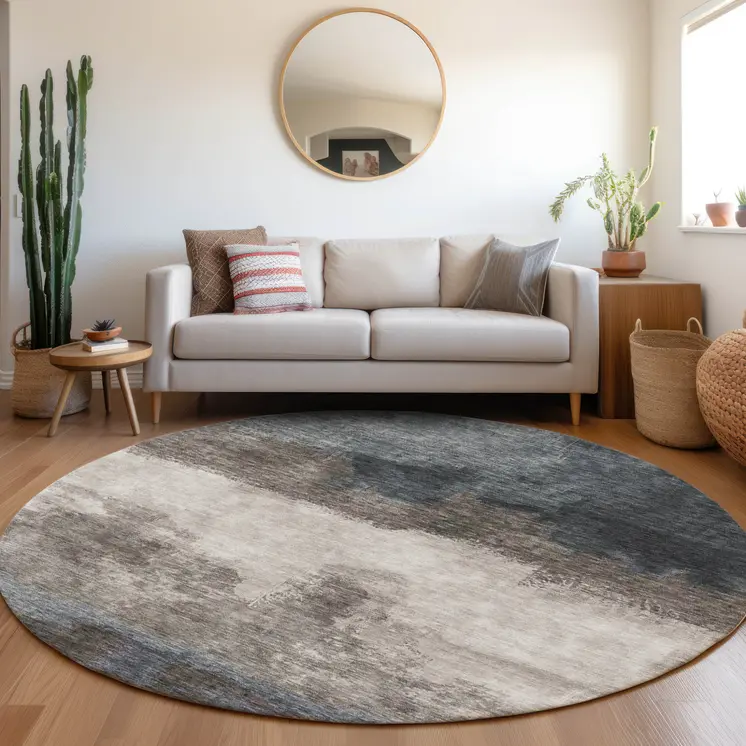 8' Gray Black And Brown Round Abstract Washable Indoor Outdoor Area Rug