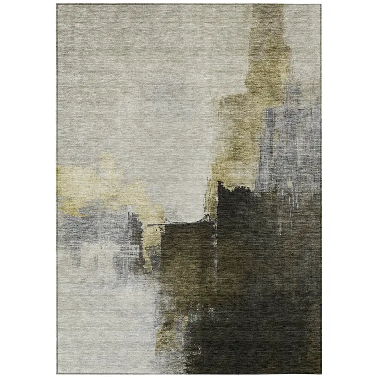 3' X 5' Khaki Light Green And Black Abstract Washable Indoor Outdoor Area Rug