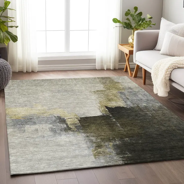 3' X 5' Khaki Light Green And Black Abstract Washable Indoor Outdoor Area Rug