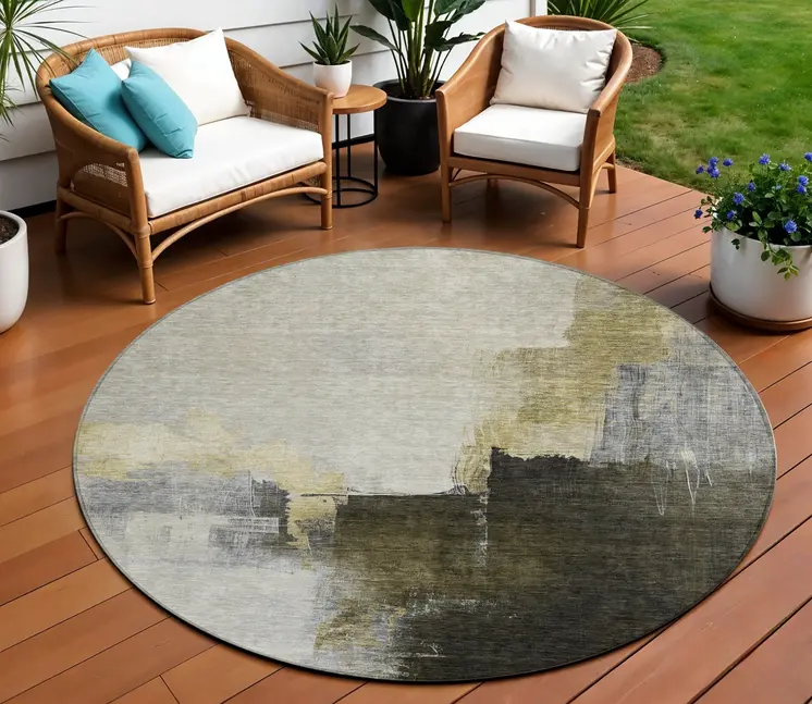 8' Khaki Light Green And Black Round Abstract Washable Indoor Outdoor Area Rug