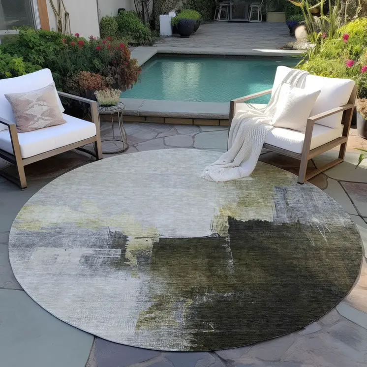 8' Khaki Light Green And Black Round Abstract Washable Indoor Outdoor Area Rug