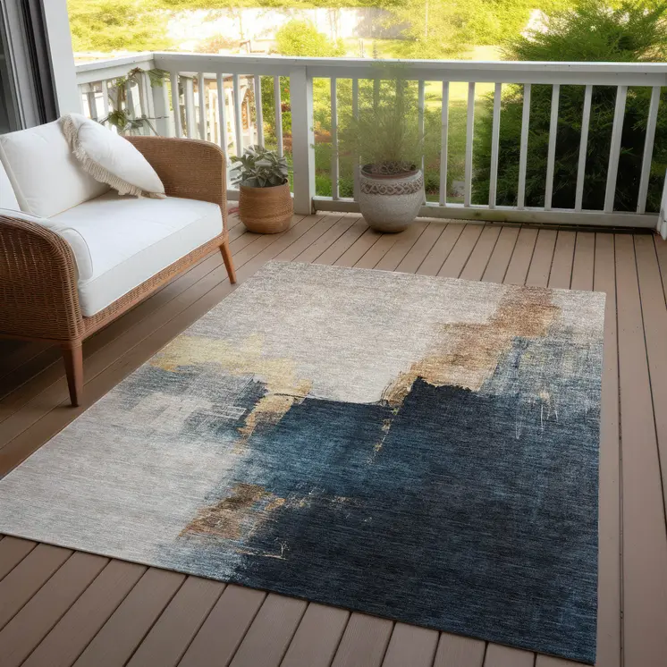 3' X 5' Taupe Black And Blue Abstract Washable Indoor Outdoor Area Rug
