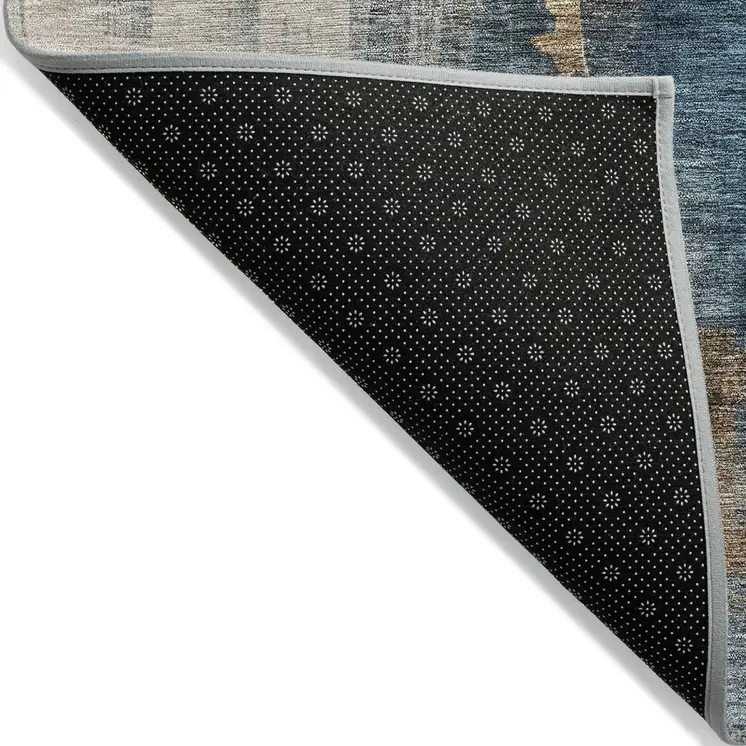 3' X 5' Taupe Black And Blue Abstract Washable Indoor Outdoor Area Rug