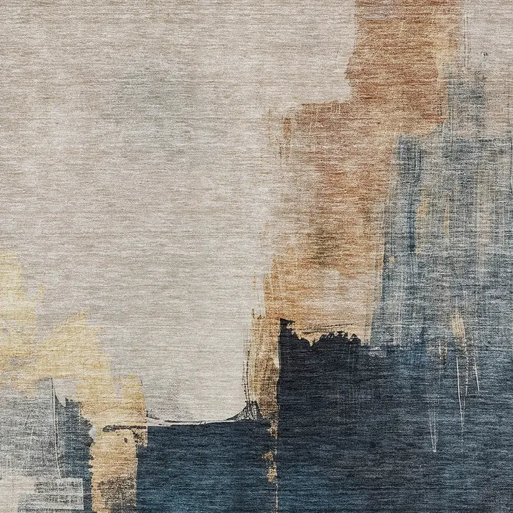 3' X 5' Taupe Black And Blue Abstract Washable Indoor Outdoor Area Rug