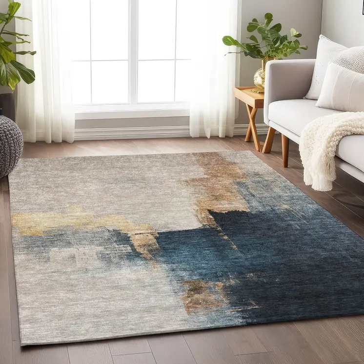 3' X 5' Taupe Black And Blue Abstract Washable Indoor Outdoor Area Rug