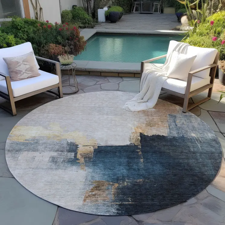 8' Taupe Black And Blue Round Abstract Washable Indoor Outdoor Area Rug