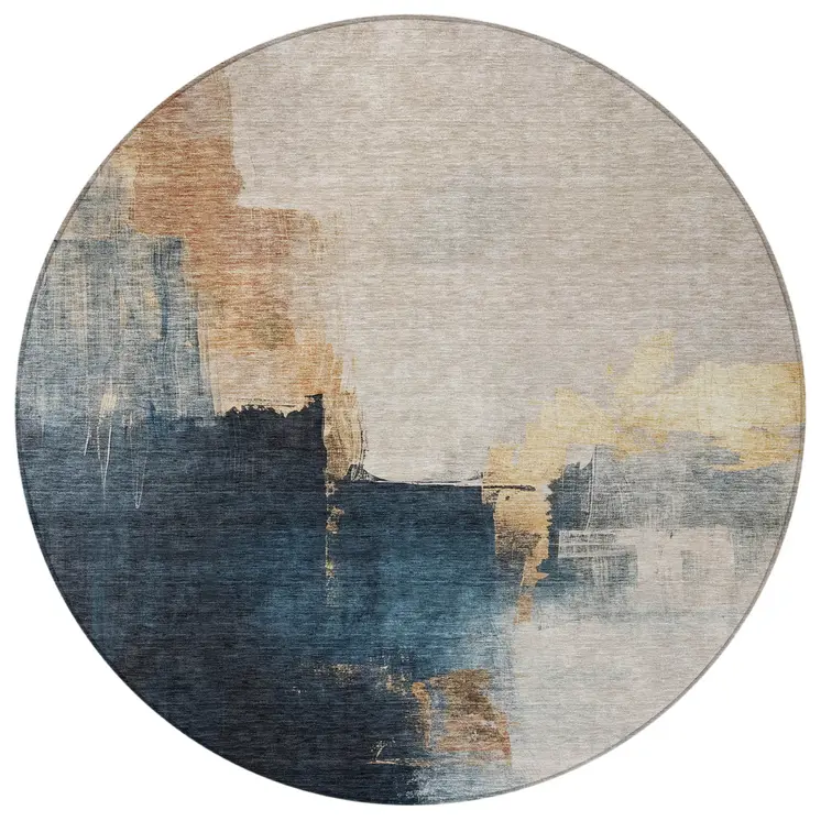 8' Taupe Black And Blue Round Abstract Washable Indoor Outdoor Area Rug