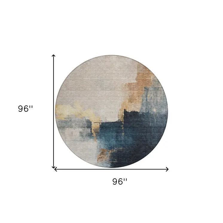 8' Taupe Black And Blue Round Abstract Washable Indoor Outdoor Area Rug
