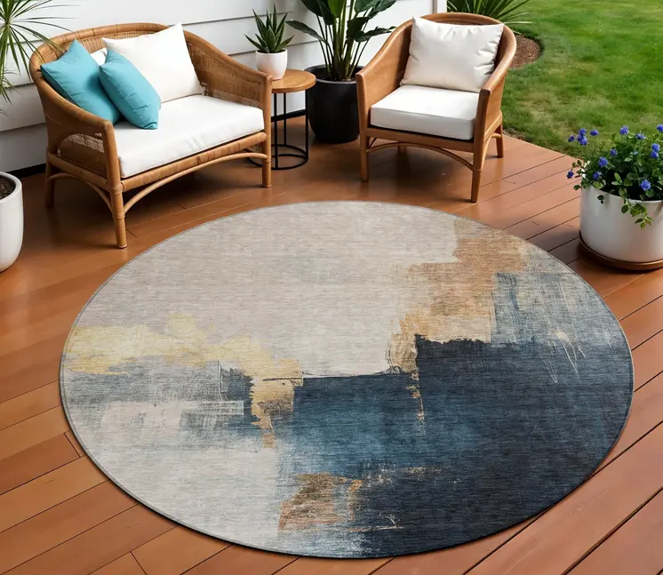8' Taupe Black And Blue Round Abstract Washable Indoor Outdoor Area Rug