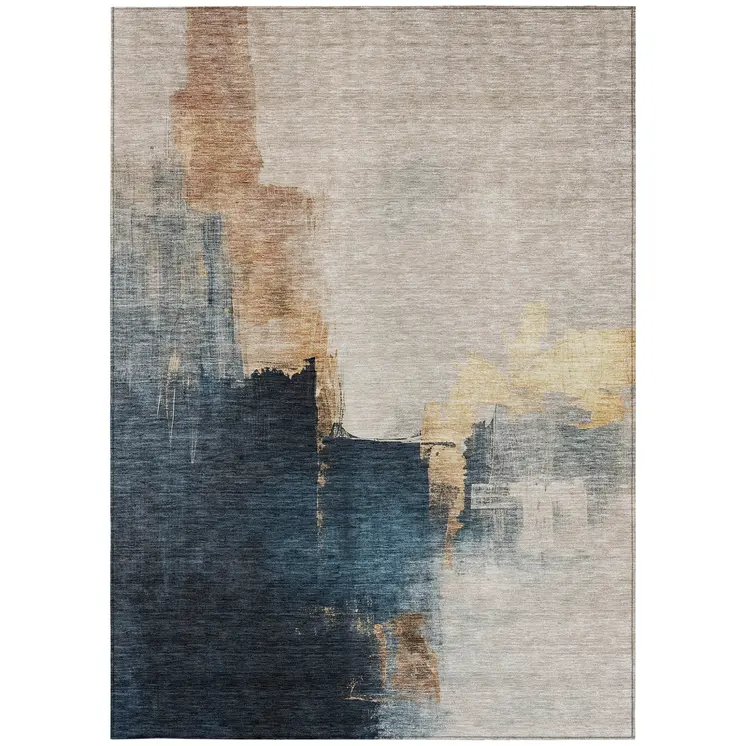 8' X 10' Taupe Black And Blue Abstract Washable Indoor Outdoor Area Rug