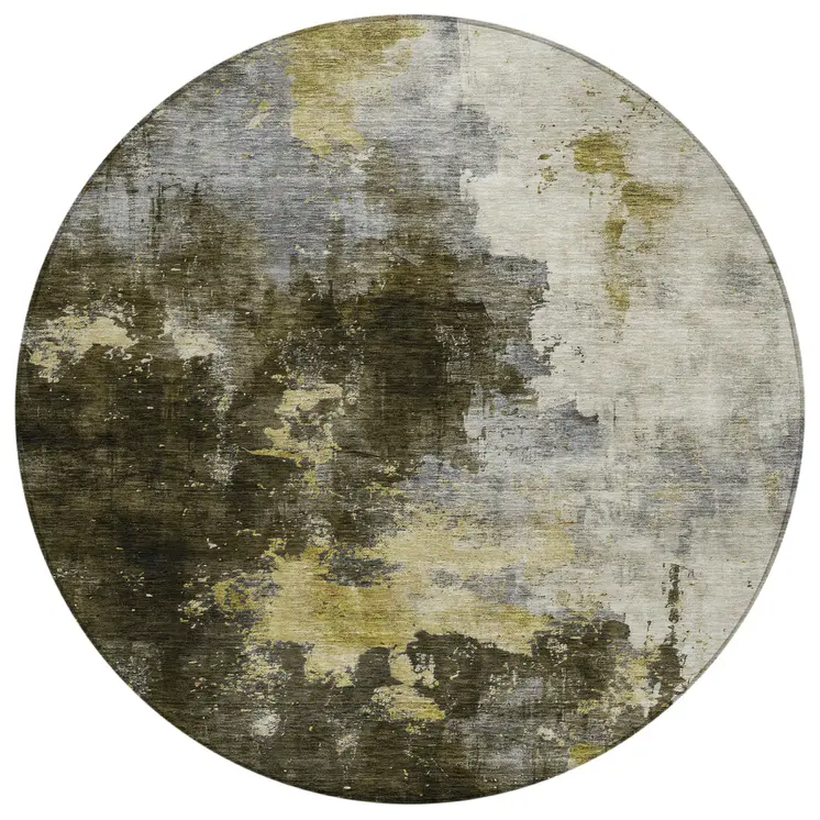 8' Brown Light Gray And Black Round Abstract Washable Indoor Outdoor Area Rug