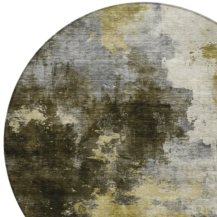 8' Brown Light Gray And Black Round Abstract Washable Indoor Outdoor Area Rug