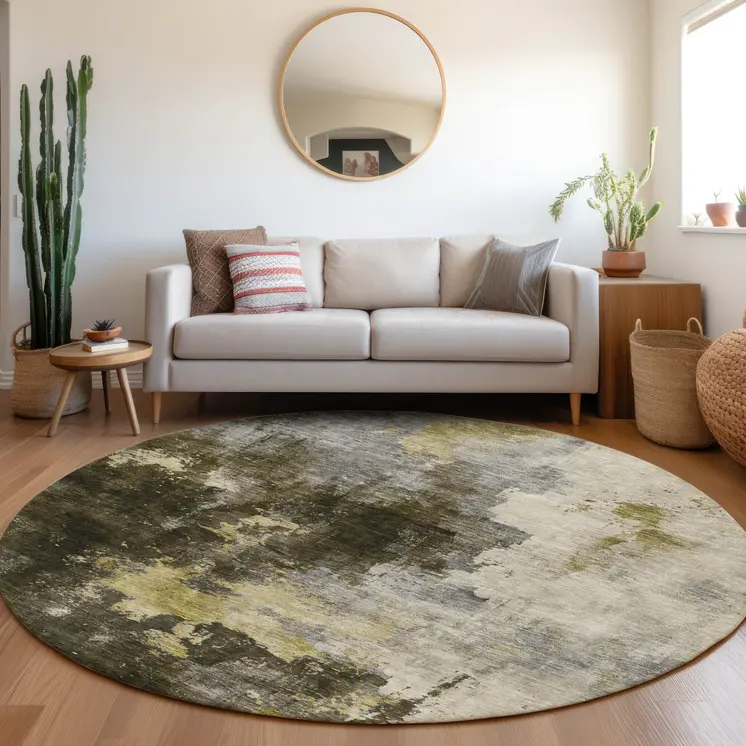 8' Brown Light Gray And Black Round Abstract Washable Indoor Outdoor Area Rug