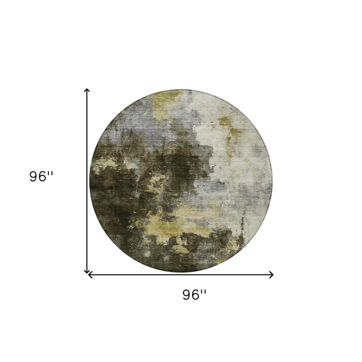 8' Brown Light Gray And Black Round Abstract Washable Indoor Outdoor Area Rug