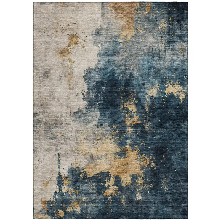 3' X 5' Blue Gray And Gold Abstract Washable Indoor Outdoor Area Rug