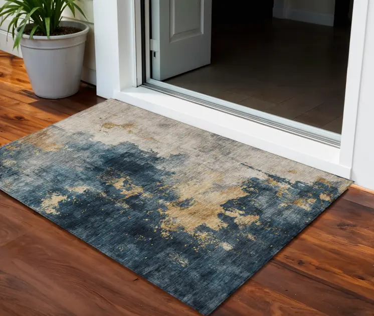 3' X 5' Blue Gray And Gold Abstract Washable Indoor Outdoor Area Rug