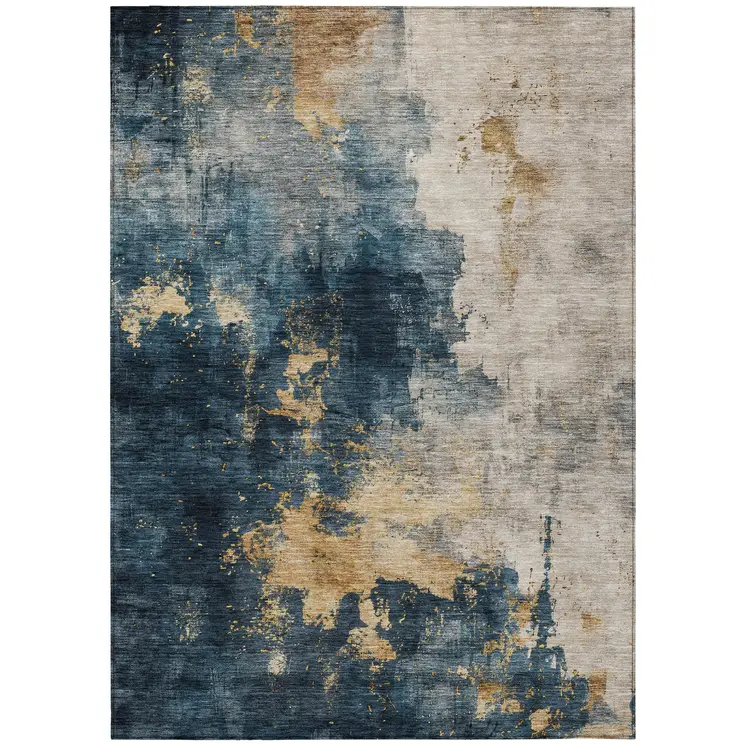 3' X 5' Blue Gray And Gold Abstract Washable Indoor Outdoor Area Rug