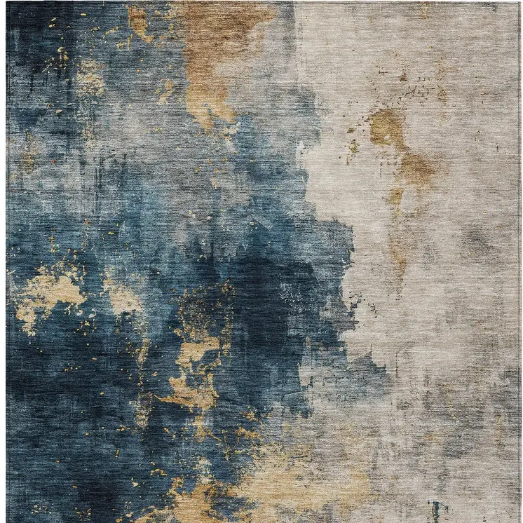 3' X 5' Blue Gray And Gold Abstract Washable Indoor Outdoor Area Rug