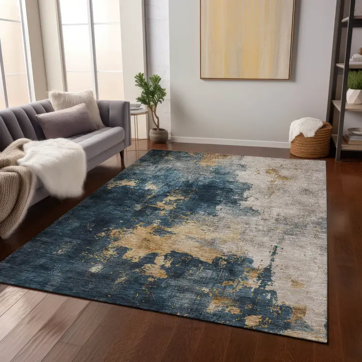 3' X 5' Blue Gray And Gold Abstract Washable Indoor Outdoor Area Rug