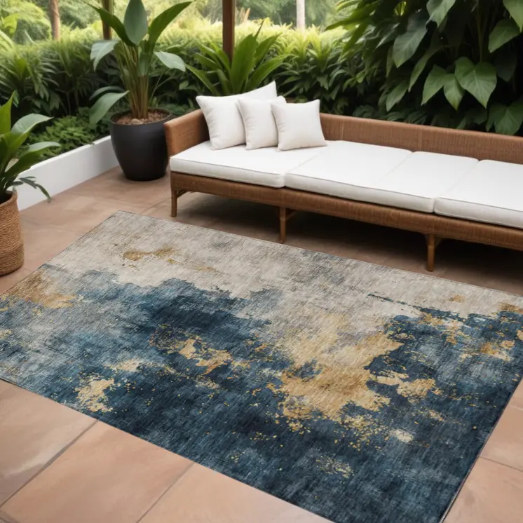 5' X 8' Blue Gray And Gold Abstract Washable Indoor Outdoor Area Rug