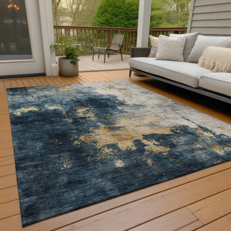 5' X 8' Blue Gray And Gold Abstract Washable Indoor Outdoor Area Rug