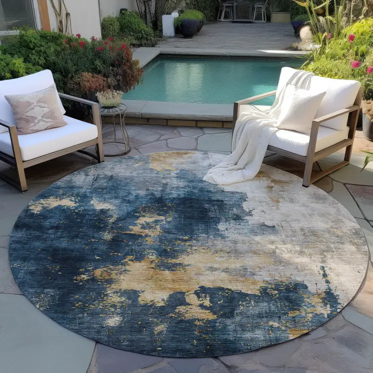 8' Blue Gray And Gold Round Abstract Washable Indoor Outdoor Area Rug