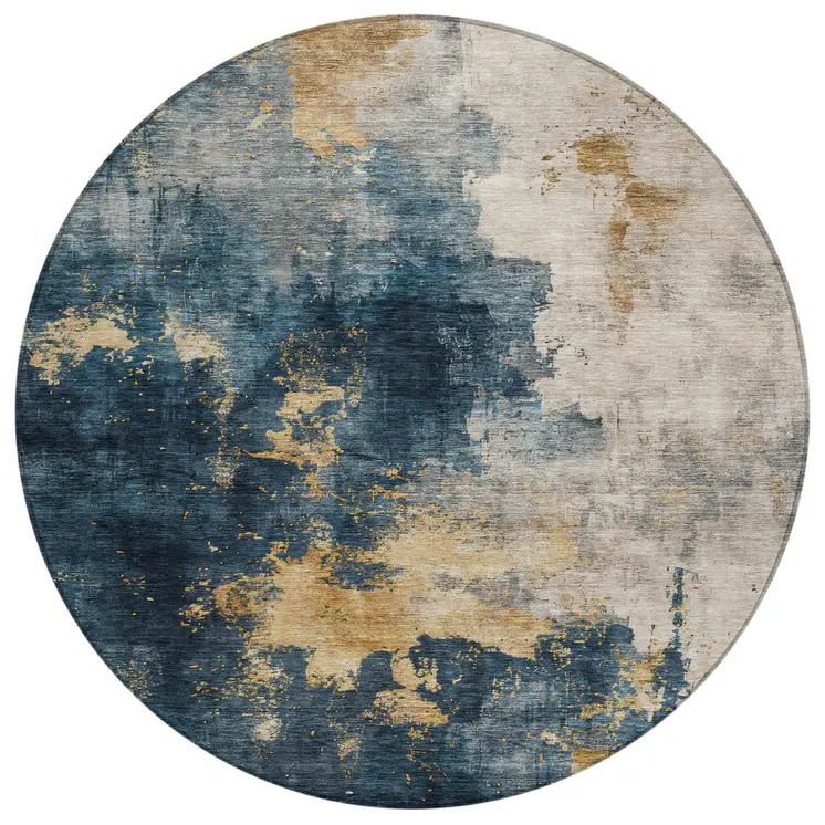 8' Blue Gray And Gold Round Abstract Washable Indoor Outdoor Area Rug
