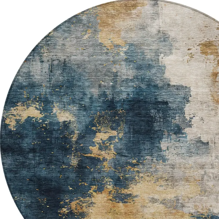 8' Blue Gray And Gold Round Abstract Washable Indoor Outdoor Area Rug
