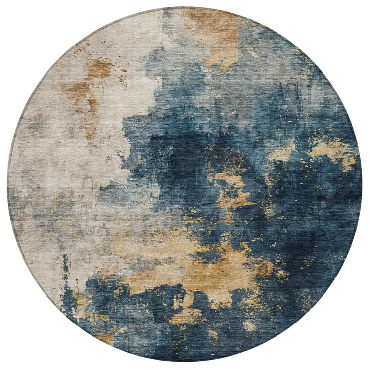 8' Blue Gray And Gold Round Abstract Washable Indoor Outdoor Area Rug