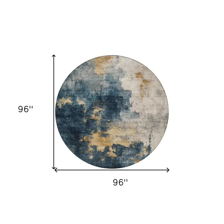 8' Blue Gray And Gold Round Abstract Washable Indoor Outdoor Area Rug