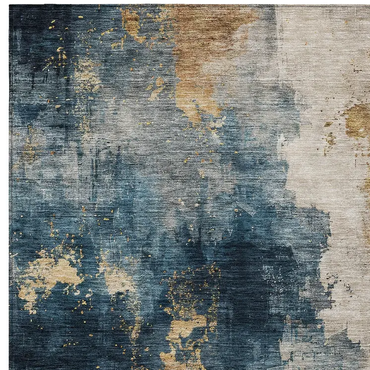 8' X 10' Blue Gray And Gold Abstract Washable Indoor Outdoor Area Rug
