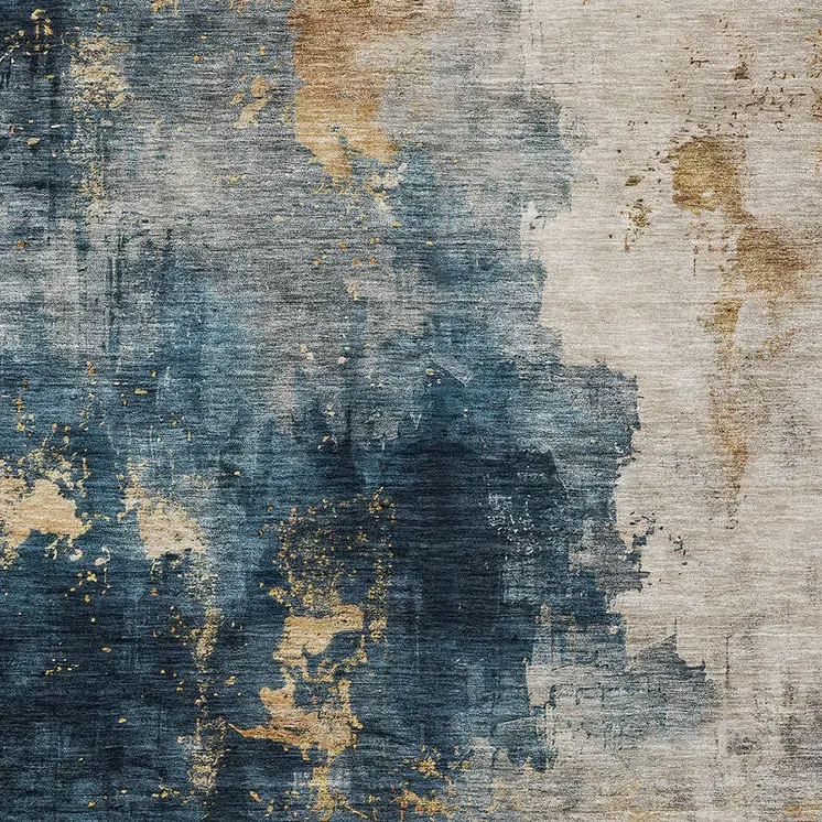 9' X 12' Blue Gray And Gold Abstract Washable Indoor Outdoor Area Rug