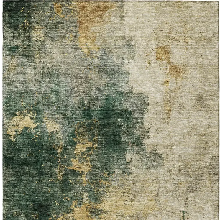 3' X 5' Fern Green And Gold Abstract Washable Indoor Outdoor Area Rug